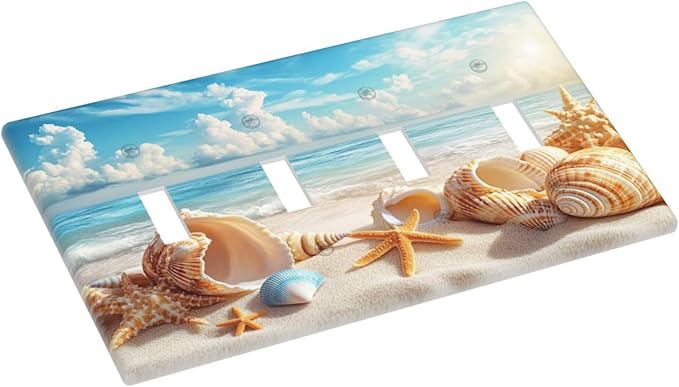 Beach Coastal Seashore Sea Starfish Shell Sand Light Switch Covers Quad Toggle Electrical Faceplate 4 Gang Wall Plate Decorative Switch Plates for Bathroom Home Decor