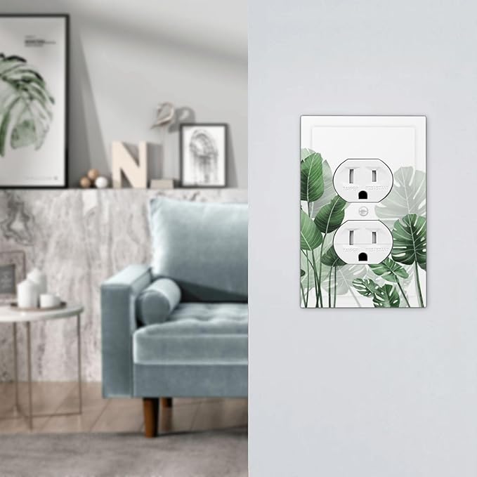 Outlet Covers Boho Tropical Plant Natural Palm Leaf 1 Gang Duplex Light Switch Cover Decorative Switch Plates Electrical Receptacle Faceplate Wall Plate For Bed Room Living Room Decor