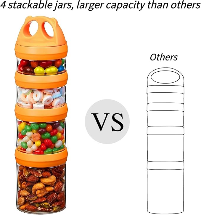 SELEWARE Portable Stackable Food Storage Containers for Snacks Formula Powder and Drinks Twist Lock System Airtight Leak-proof BPA and Phthalate Free 4 Piece Jars 31oz Orange