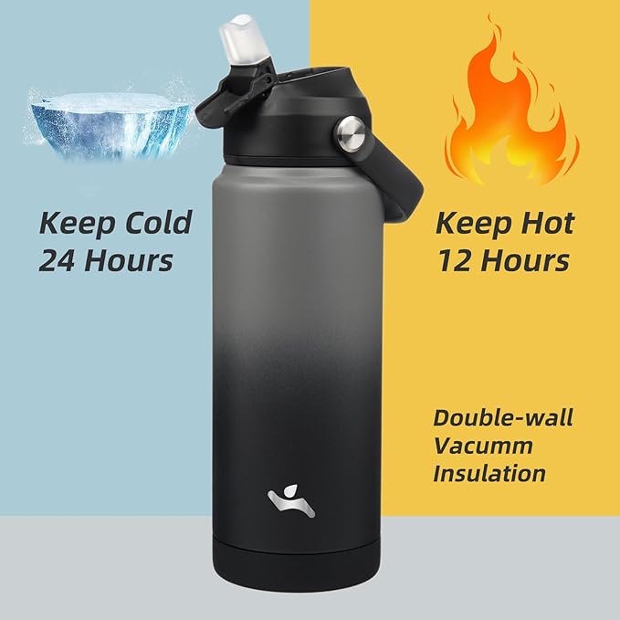 Konokyo Insulated Water Bottle with Straw Lid,24 oz Stainless Steel Vacuum Metal Bottle with Silicone Handle,Gray Black