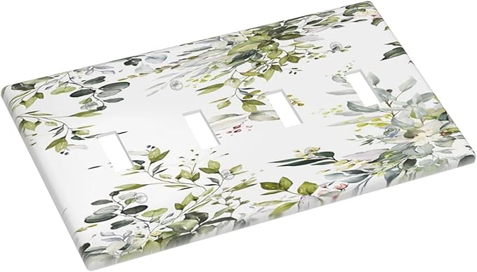 Eucalyptus Sage Green Leaf Plant Floral Light Switch Covers Quad Toggle Electrical Faceplate 4 Gang Wall Plate Decorative Switch Plates for Bedroom Living Room Decor