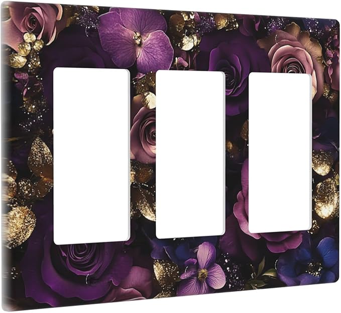 Decorative Light Switch Plate with Luxurious Purple Roses Gold Accents Leaves Design 3 Gang Outlet Covers Triple Rocker Wall Plate Switch Plate Cover for Romantic Bedroom/Living Room Decor