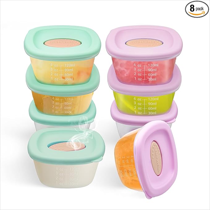 8 Pack Baby Food Storage Containers 4 oz, Baby Silicone Food Jars with Ventilation Valve, Snack Containers with Leak Proof Sealing Lid Microwave Safe, Suitablefor Nurseries, Schools and Travel