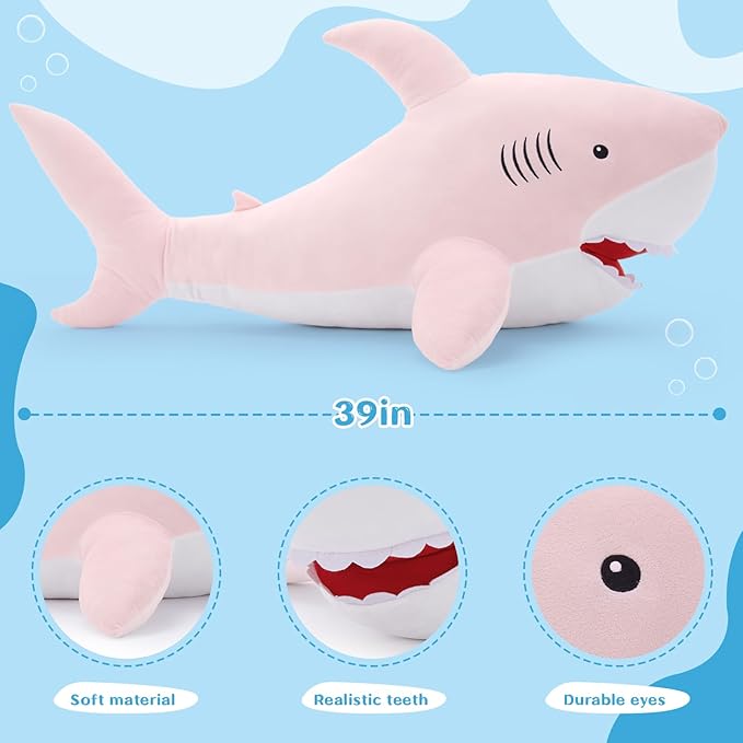MorisMos 39inch Giant Shark Stuffed Animal, Large Stuffed Shark Plush, Big Sharks Pillow Gift for Kids Girlfriend, Pink