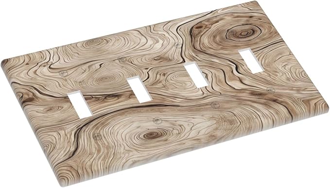 Tree Annual Rings Burl Texture Brown Wood Grain Print Light Switch Covers Quad Toggle Electrical Faceplate 4 Gang Wall Plate Decorative Switch Plates Cover for Farmhouse Bedroom Decor