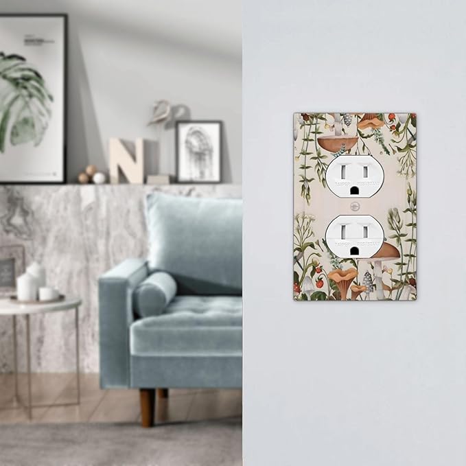 Boho Mushroom Forest Plants Wildflowers Insects Outlet Covers 1 Gang Duplex Light Switch Cover Decorative Switch Plates Electrical Receptacle Faceplate Wall Plate for Kids Room Home Decor