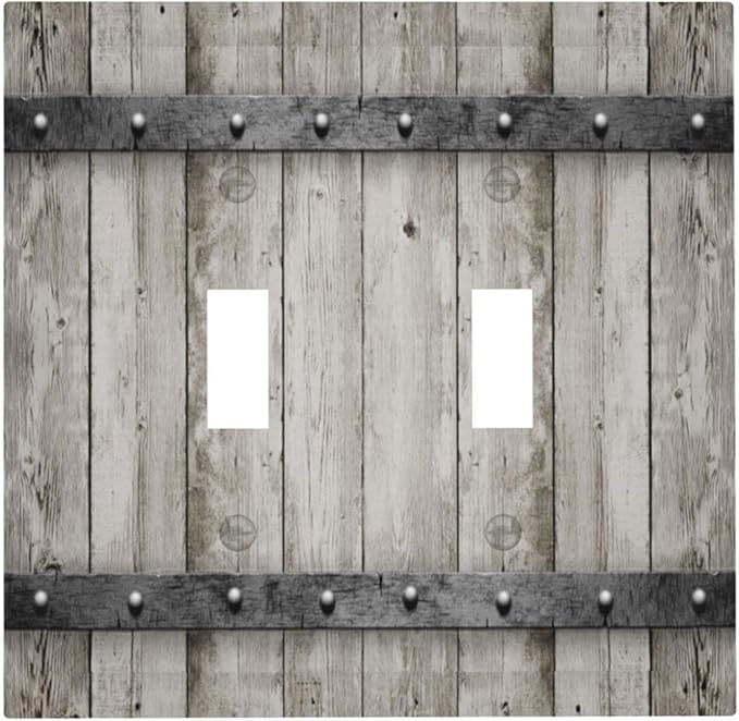 Farmhouse Grey Wood Barn Door Double Toggle Light Switch Cover Decorative 2 Gang Electrical Switchplate Faceplate Rustic Country Gray Wall Plates for Kitchen Bedroom Bathroom Dector (Plastic）
