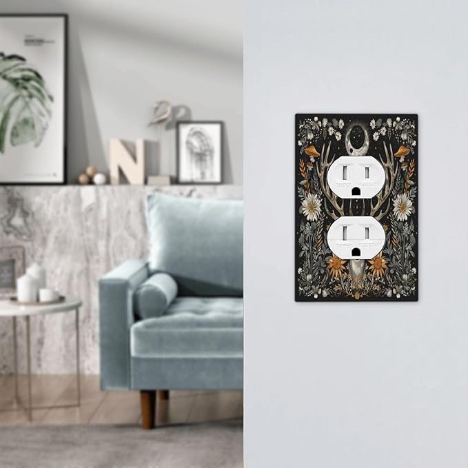 Decorative Outlet Covers Vintage Deer Flowers Moon Natural Plants Floral 1 Gang Duplex Light Switch Cover Plate Electrical Switch plates Wall Plates Receptacle Covers for Bathroom Bedroom