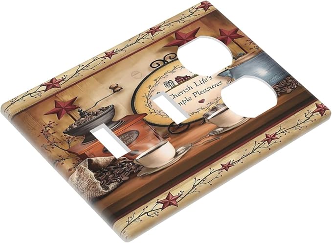 Barn Kitchen Cafe Coffee Texas Star 3-Gang 2-Toggle 1-Duplex Receptacle Combination Light Switch Decorative Triple Combo Device Switches/Rocker Outlet Covers and Wall Plate