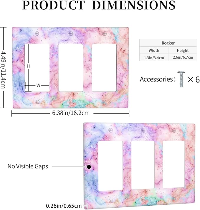 Decorative Switch Plate Covers Cute Marble Texture 3 Gang Triple Rocker Decora Light Switch Cover Pink Purple Gold Abstract Outlet Wall Plate Electrical Faceplate GFCI for Kids Girls Nursery Decor