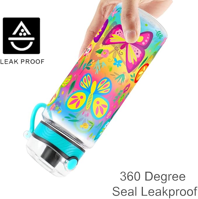 Home Tune Cute Water Bottle for School Kids Girls, BPA FREE Tritan & Leak Proof & Easy Clean & Carry Handle, 23oz/ 680ml - Butterfly