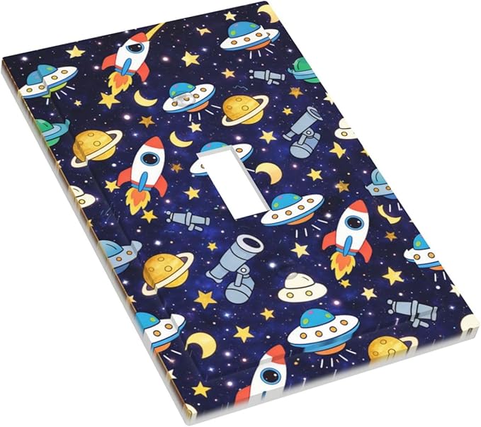 Decorative Light Switch Cover Plate Space-themed Rocket Spaceship 1 Gang Single Toggle Wall Plates for Electrical Outlet Covers Switch Plate Covers Faceplate for Children's Room Decor