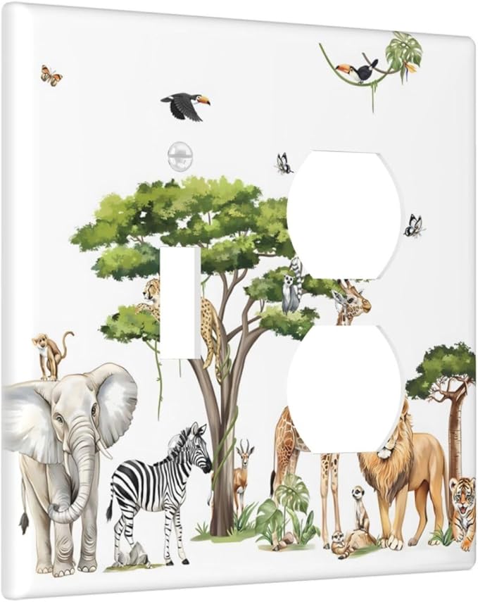 Large Animals Elephant Giraffe Jungle Lion Leopard Zebra Wallplates 1 Toggle 1 Duplex Switch Plate Electrical GFCI Faceplate Decorative Light Switch Covers for Kids Room Nursery Decor