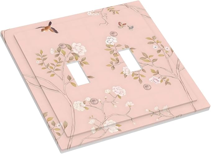 Pink Background Flowers Bird Butterflies Floral Decorative Switch Plates 2 Gang Double Toggle Outlet Light Switch Cover Wall Plate Electrical Faceplate for Bedroom Living Room Decor