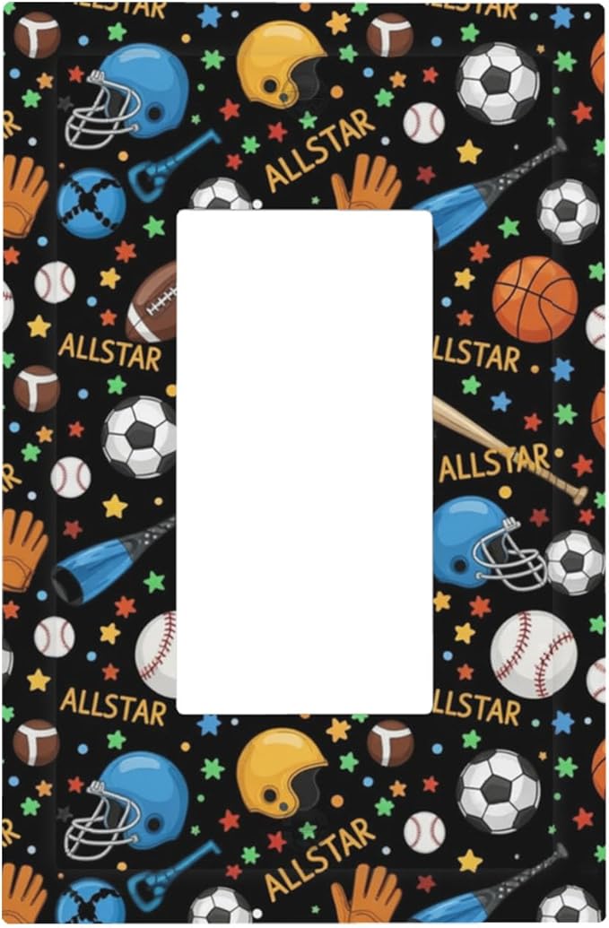 All Star Sports Single Rocker Switch Cover - 1-Gang Standard US Size Multi-Sport Light Switch Covers, Football Baseball Basketball for Boys & Girls Room Decor