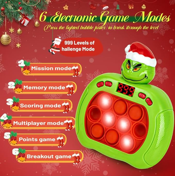 Green Monster Pop Push Game Fidget Console Toys for Kids Adults,Quick Push Pop Bubble Up Gifts for Christmas Stocking Stuffers,Handheld Light Up Fidget Sensory Puzzle Toy for Boys Grils Teens Age 3-12
