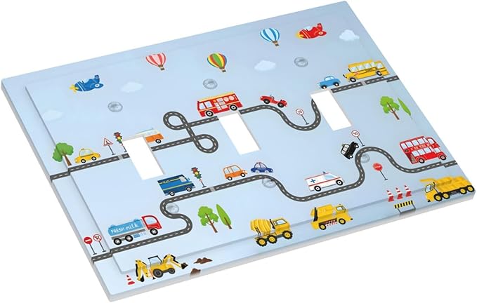 Road Construction Car Truck Hot Air Balloon Decorative Switch Plates 3 Gang Wall Plate Triple Toggle Light Switch Cover Faceplate Electrical Wall Panels for Nursery Kids Room Decor