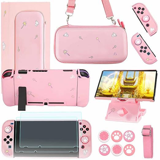 GUTIAL Accessories Kit for Nintendo Switch - Pink Cute Accessories Bundle Girly Style Pack for girls with Travel Carrying Case and Dockable Cover Case, Screen Protector, kawaii Stand, Thumb Grips