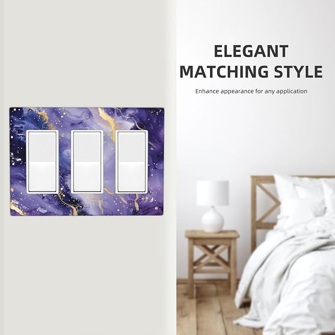 Decorative Outlet Covers Modernity Abstract Purple Golden Marble 3 Gang Wall Plate Triple Rocker Switch Light Switch Plate Covers Jumbo Electrical GFCI Switch Cover Plate