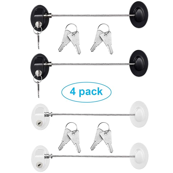 Hotop 4 Pack Cabinet Locks with Keys Mini Fridge Refrigerator Locks for Kids Toddlers Self Adhesive Child and Baby Proofing Safety for Deep Freezer Drawers Doors Latch(White and Black)