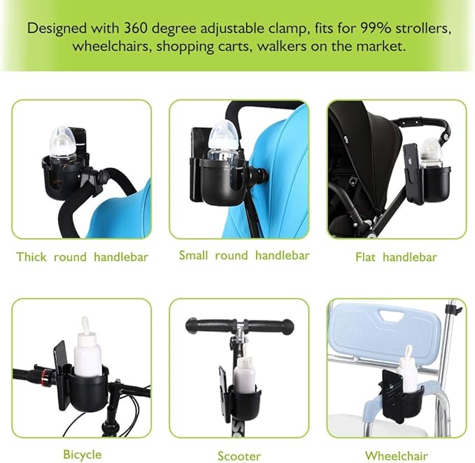 Accmor Stroller Cup Holder with Phone Holder, Bike Cup Holder, Universal Cup Holder for Uppababy Nuna Doona Strollers, 2-in-1 Cup Phone Holder for Stroller Bike Accessory