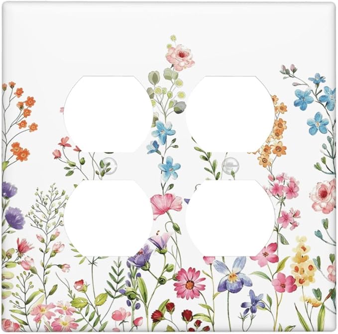 Boho Watercolor Wildflowers Floral Plants Flower Outlet Covers 2 Gang Double Duplex Decorative Light Switch Covers Electrical Wallplates Socket Faceplate for Bedroom Living Room Decor