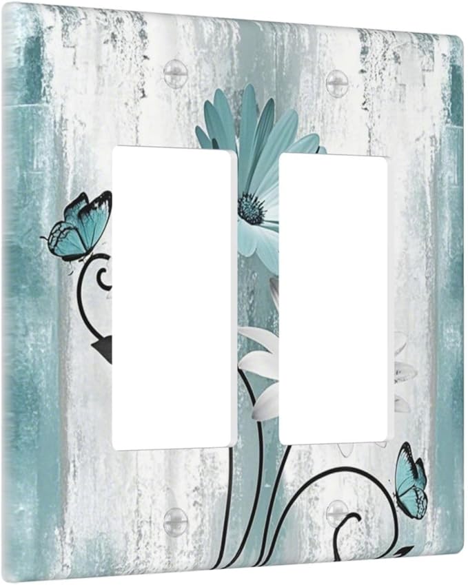 Decorative Outlet Covers Teal Daisy Floral Butterfly Vintage Wood 2 Gang Double Rocker Light Switch Cover Decorative Switch plates Electrical Wallplates GFCI Receptacle for Bathroom Bedroom