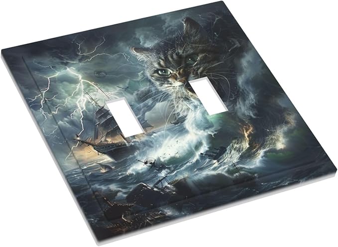 Light Switch Cover Plate funny Cat Stormy sea Lightning Sailboats 2 Gang Double Toggle Decorative Switch Plates Wall Plates Electrical Faceplate for Bathroom Kid Room Decor