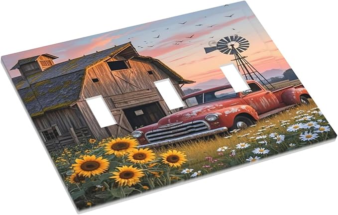 Rustic Barn Red Truck Windmill Sunflower Decorative Switch Plates 3 Gang Wall Plate Triple Toggle Light Switch Cover Faceplate Electrical Wall Panels for Farmhouse Home Decor