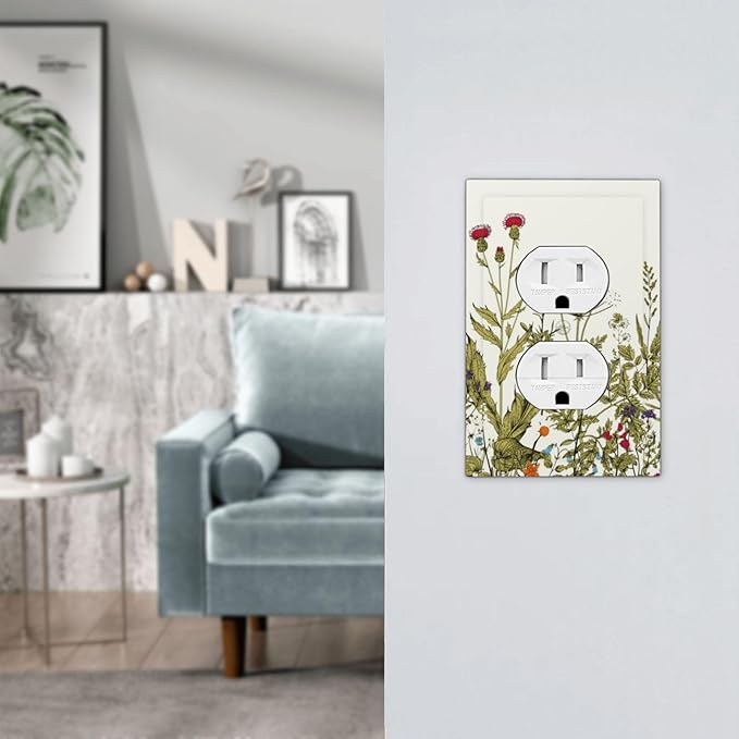 Colorful Country Vintage Colored Wild Flowers Floral 1 Gang Device Duplex Outlet Covers Receptacle Wallplate Blossom Herbs Spring Plant Sage Decorative Light Switch Cover Switch Face Wall Socket Plate