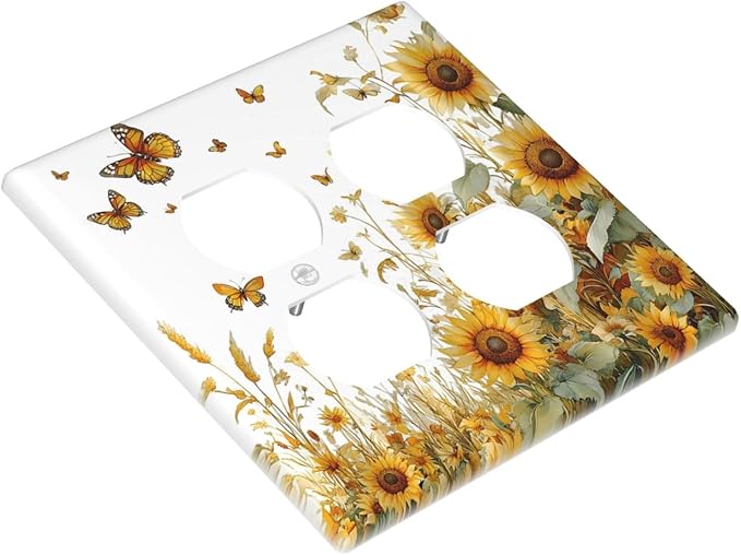Sunflower Gold Wildflowers Summer Butterfly Outlet Covers 2 Gang Double Duplex Decorative Light Switch Covers Electrical Wallplates Socket Faceplate for Bedroom Living Room Decor