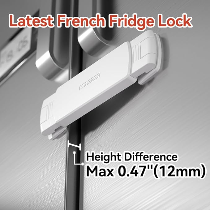 EUDEMON 1 Pack Latest French Fridge Lock French Door Refrigerator/Freezer Lock Apply to Max 3.54"(90mm) Two Door Gap Distance for Kids & Babies,Easy to Install no Tools Need or Drill (White)