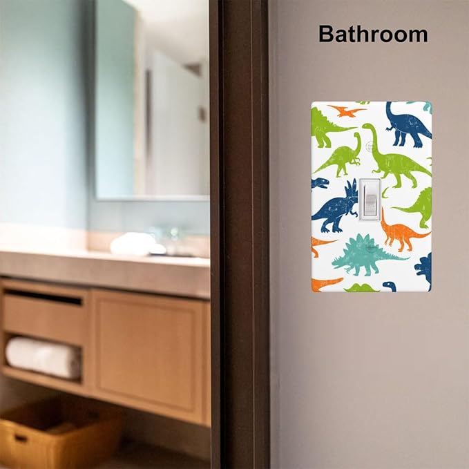 Colorful Dinosaur 1-Gang Toggle Light Switch Plate, Watercolor Blue & Green Dinosaur Cartoon Wall Plate for Boys Bedroom, Playroom & Nursery