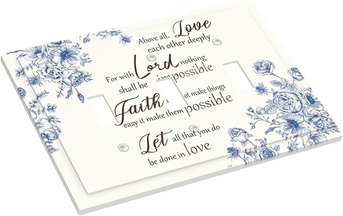 Decorative Light Switch Cover Plate Inspirational Quotes Blue Flower Floral 3 Gang Wall Plates for Electrical Outlets Triple Toggle Switch Plate Covers Outlet Covers Faceplate for Home Decor