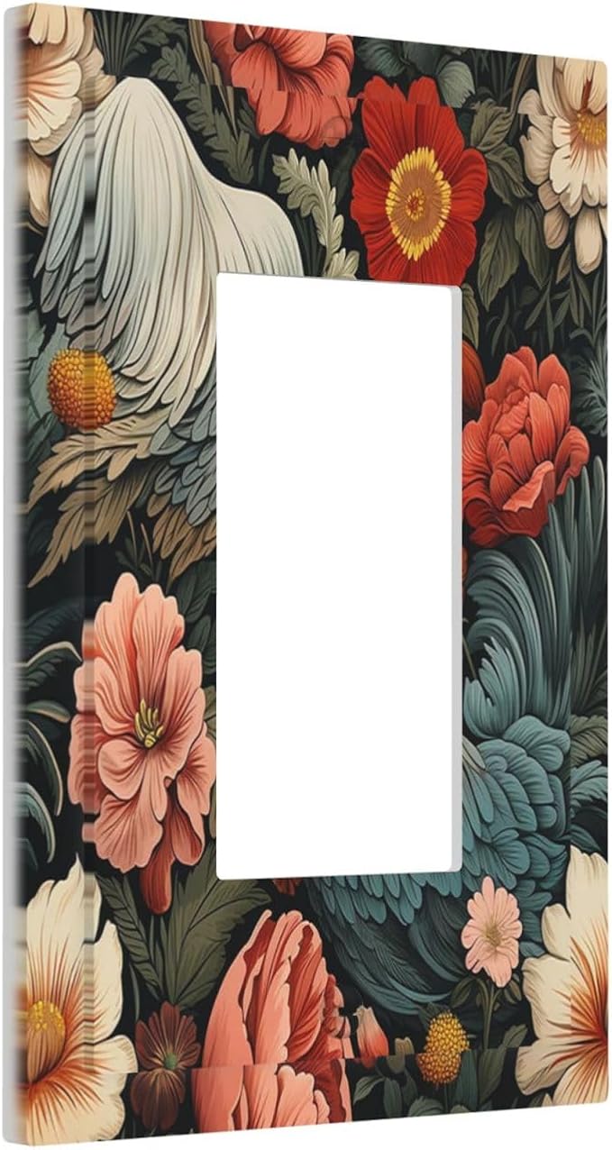 Decorative Outlet Covers Rooster Flowers Red White Chicken Floral 1 Gang Single Rocker Light Switch Cover Plate Wall Plates GFCI Faceplate for living Room Farmhouse Decor