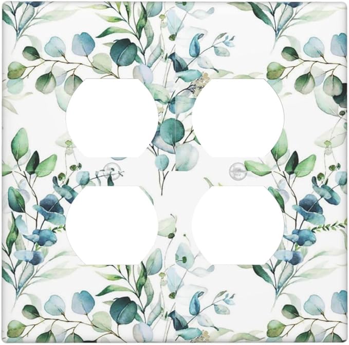 Green Eucalyptus Leaves 2 Gang Double Duplex Combination Light Switch Cover Spring Neutral Olive Sage Leaf Decorative Two Gang Dual Device Receptacle Outlet Covers Switch Wall Plate Standard Size