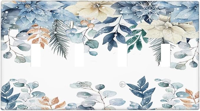 Blue Vine Snowflake Plants Leaves Floral Flowers Light Switch Covers Quad Toggle Electrical Faceplate 4 Gang Wall Plate Decorative Switch Plates for Bedroom Living Room Decor