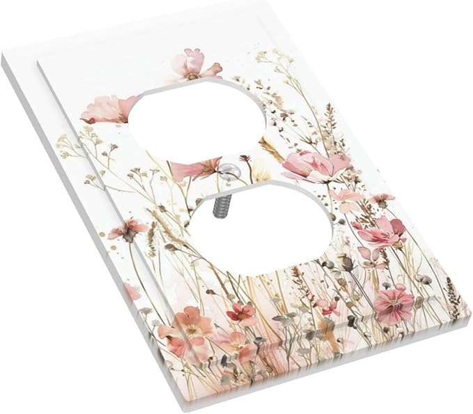 Boho Floral Watercolor Pink Wildflower Butterfly Outlet Covers 1 Gang Duplex Light Switch Cover Decorative Switch Plates Electrical Receptacle Faceplate Wall Plate for Bedroom Living Room Decor