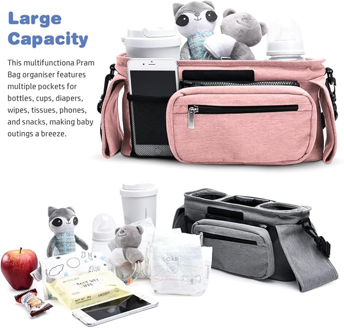 Baby Stroller Organizer, Universal Stroller Organizer with Detachable Phone Bag, Stroller Caddy with 2 Insulated Cup Holders, Buggy Organizer Bag with 2 Hooks Fits Most Strollers (Pink)