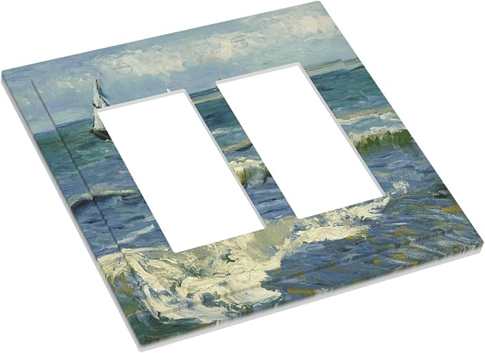 Nautical Ocean Waves Sailboat Painting Blue Sky Decorative Outlet Covers 2 Gang Double GFCI Rocker Electrical Wall Panels Light Switch Cover Plate for Bathroom Bedroom Decor