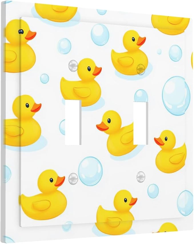 Cheerful Rubber Ducks & Bubbles Bath Time Double Toggle Switch Cover - 2-Gang Standard US Size Bathroom Funny Duck Light Switch Covers for Boys & Girls Bathroom Decor