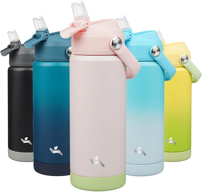 Konokyo Insulated Water Bottle with Straw Lid,18 oz Stainless Steel Vacuum Metal Bottle with Silicone Handle,Pearl