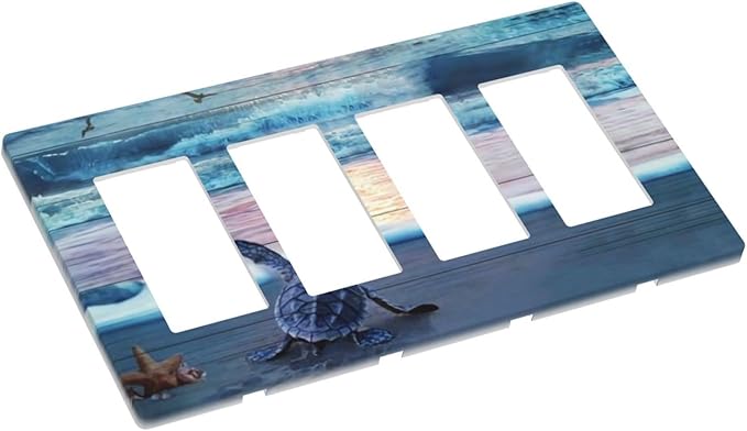 Nautical Ocean Wave Teal Blue Beach Turtle Boys Sea Life Starfish Sunset Coastal 4 Gang Quad Device Screwless Decorator GFCI/Rocker Wall Plate Light Switch Dimmer Receptacle Outlet Cover Standard Size