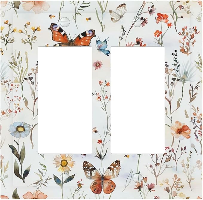Decorative Outlet Covers Butterfly Floral Boho Multicolor Flower Leave 2 Gang Double GFCI Rocker Electrical Wall Panels Light Switch Cover Plate for Bed Room living Room Decor