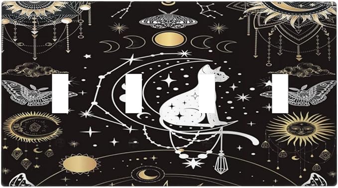 White Cat Tarot Moon Phases Moth Celestial Gothic Light Switch Covers Quad Toggle Electrical Faceplate 4 Gang Wall Plate Decorative Switch Plates Cover for Kids Room Bedroom Decor