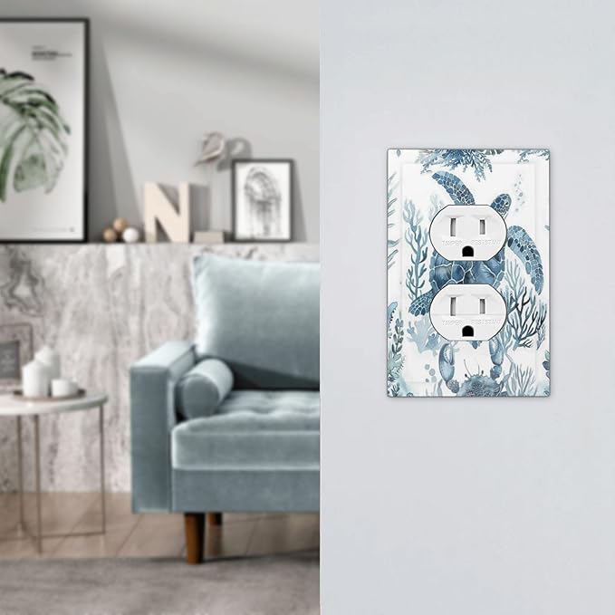 Blue Sea Turtle Coastal Coral Beach Crab Seaweed Outlet Covers 1 Gang Duplex Light Switch Cover Decorative Switch Plates Electrical Receptacle Faceplate Wall Plate for Kids Room Bathroom Decor