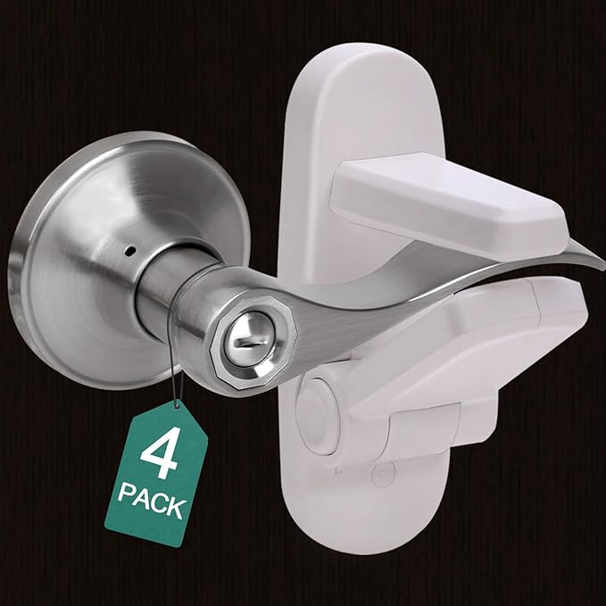 Childproof Door Lever Lock(4 Pack) Door Locks for Kids Safety,Preventing Babies From Opening Doors,Child Proof Door Lock with 3M Adhesive,Easy Install & Remove,Durable ABS,White