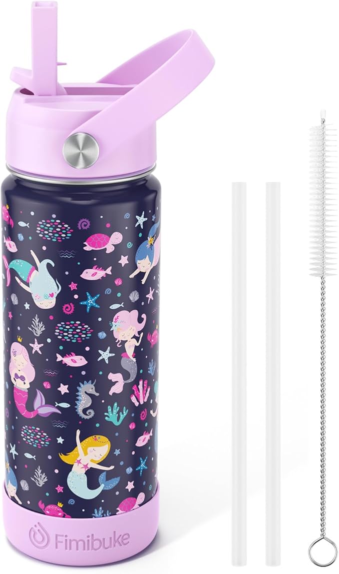 Fimibuke Kids Insulated Water Bottle, 18oz BPA FREE 18/8 Stainless Steel Kids Cup with Straw Travel Tumbler Double Wall Vacuum Leak Proof Toddler Water Bottle for School Boys Girls(1 Pack, Mermaid)