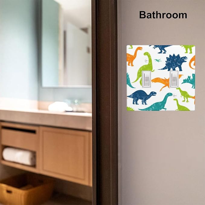 Colorful Dinosaur 2-Gang Double Toggle Light Switch Plate, Watercolor Blue & Green Dinosaur Cartoon Wall Plate for Boys Bedroom, Playroom & Nursery