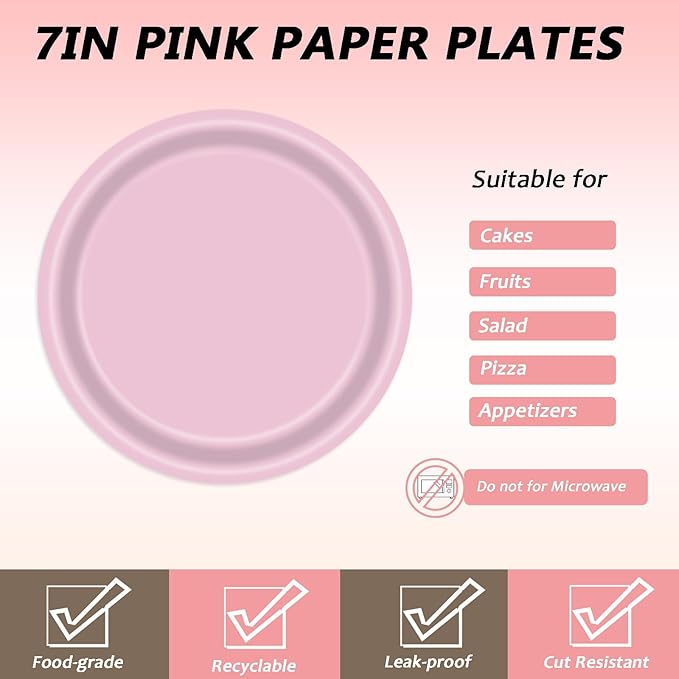 72 Pcs Pink Paper Plates 7in Disposable Dessert Plates Napkins and Forks Party Tableware Set Decoration Supplies for Birthday Baby Shower Wedding Holiday Bridal Shower Party, Serve 24